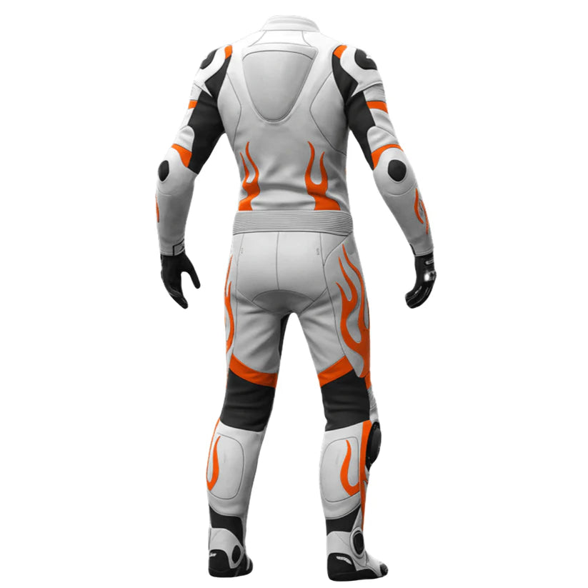 White & Orange Leather Motorcycle Suit