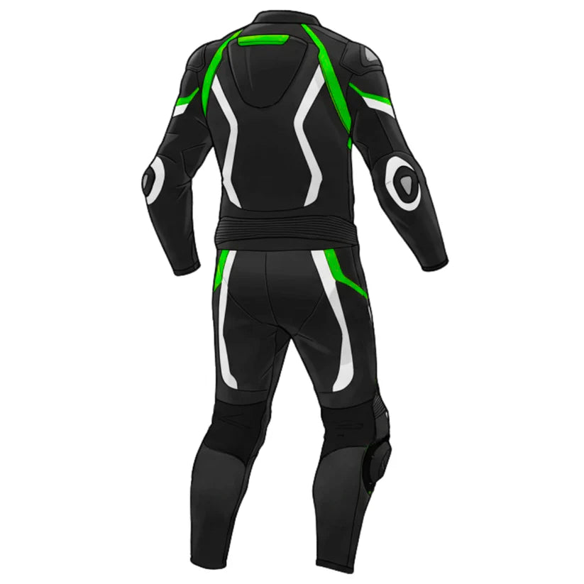 Top-Grain Leather Motorcycle Race Suit – Black & Green