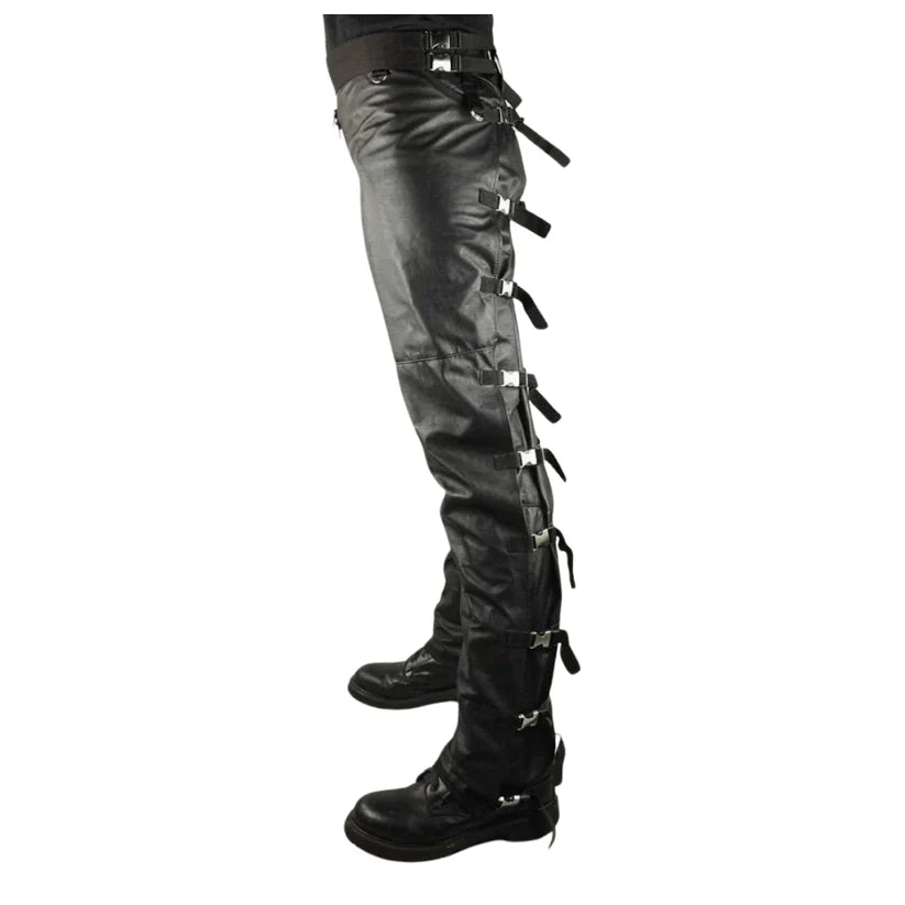 Black leather gaiters with buckles on a white background