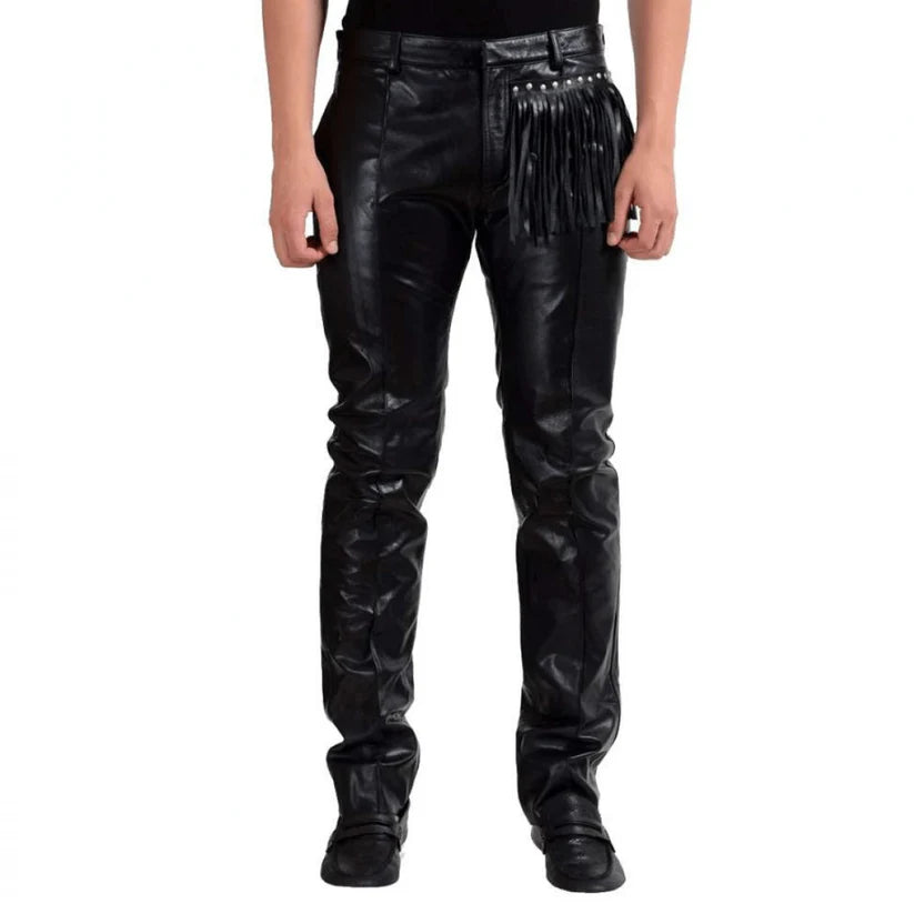 Black leather pants with fringe details on a white background