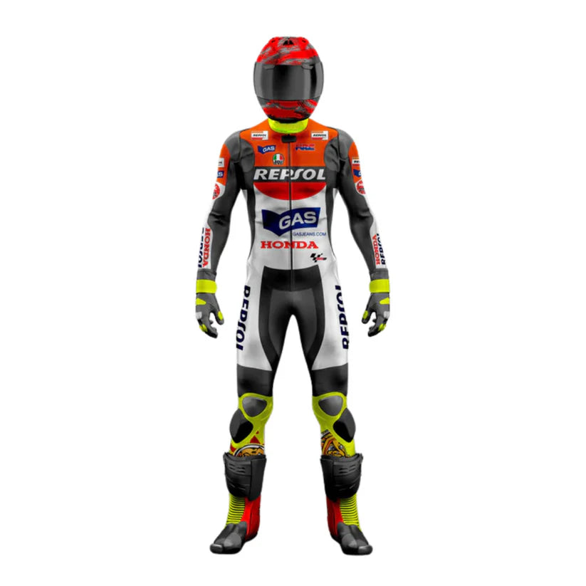 Motorcycle racing suit with Repsol and Honda branding on a white background