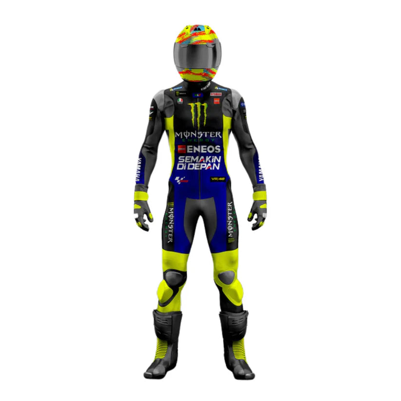 Motorcycle racing suit with helmet on a white background