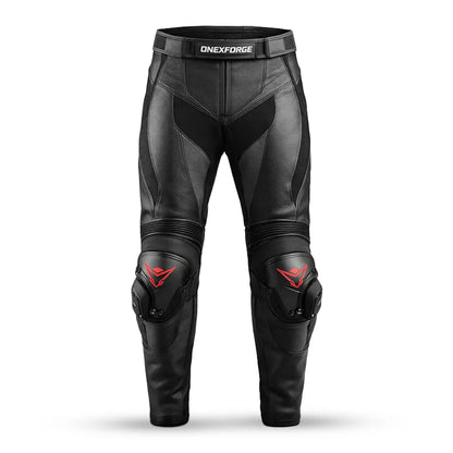 Black leather motorcycle pants with knee pads on a white background, featuring the brand 'Oneforge'.