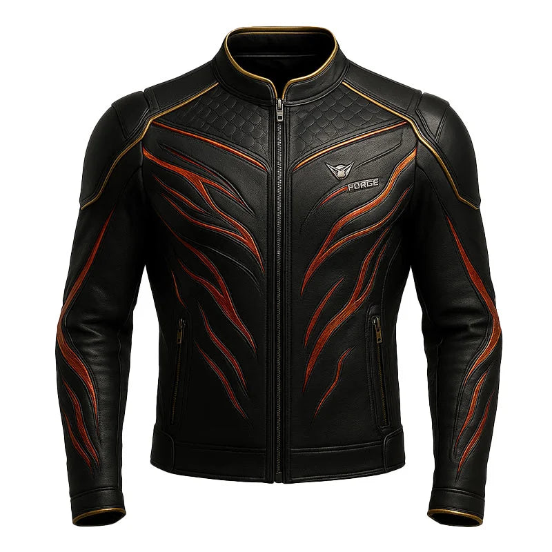 ONEX FORGE Black leather jacket with red and gold designs on a white background