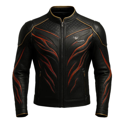 ONEX FORGE Black leather jacket with red and gold designs on a white background