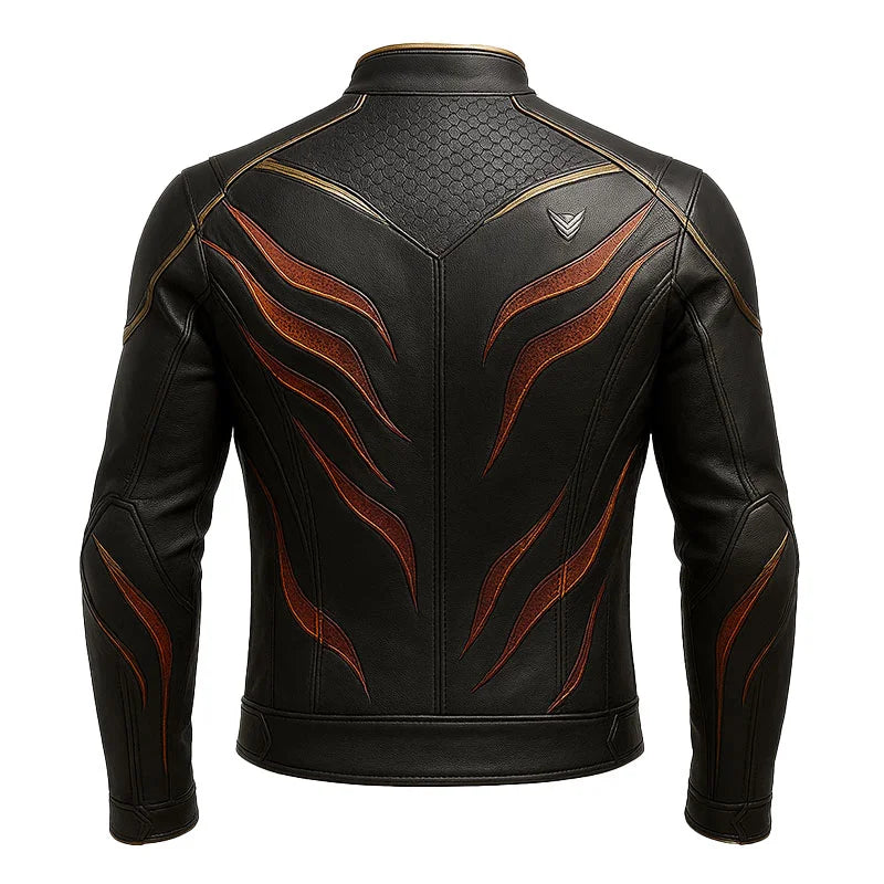 Black leather jacket with red flame patterns on a white background
