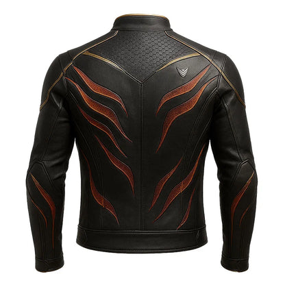 Black leather jacket with red flame patterns on a white background