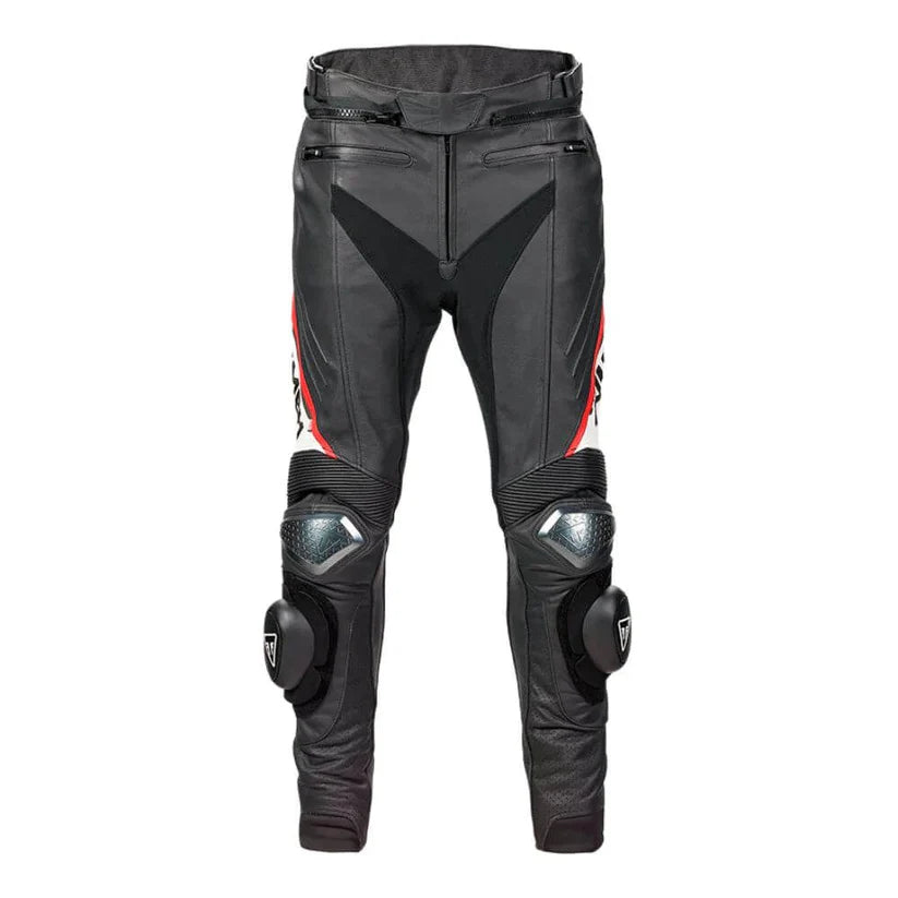 Black motorcycle pants with knee protection on a white background