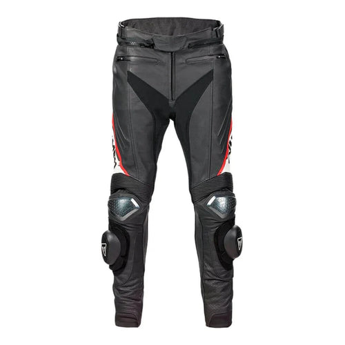 Black motorcycle pants with knee protection on a white background