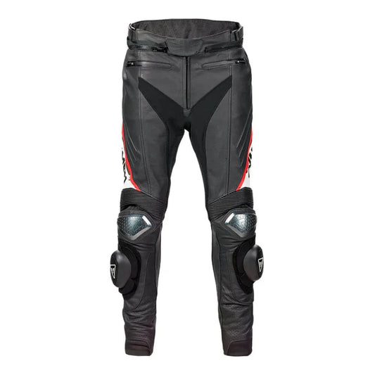 Black motorcycle pants with knee protection on a white background