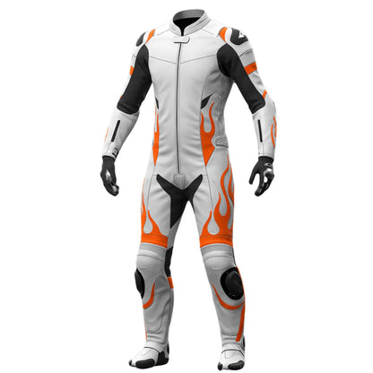 White & Orange Leather Motorcycle Suit