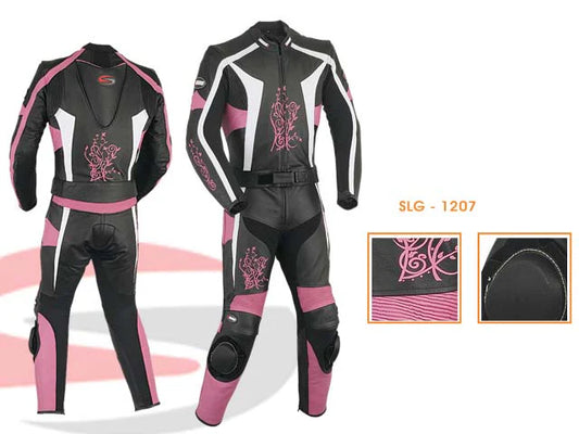 Female Black and pink motorcycle suit with detailed design on a white background