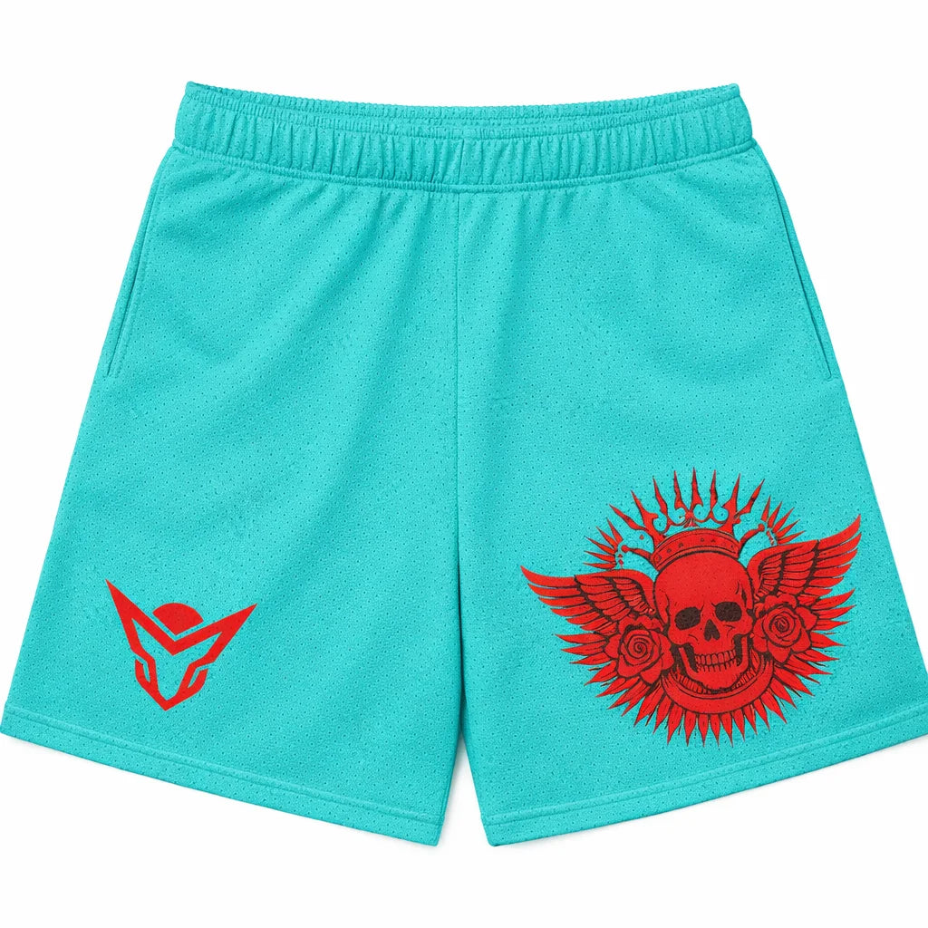 Aqua Crimson Skull Mesh Shorts
