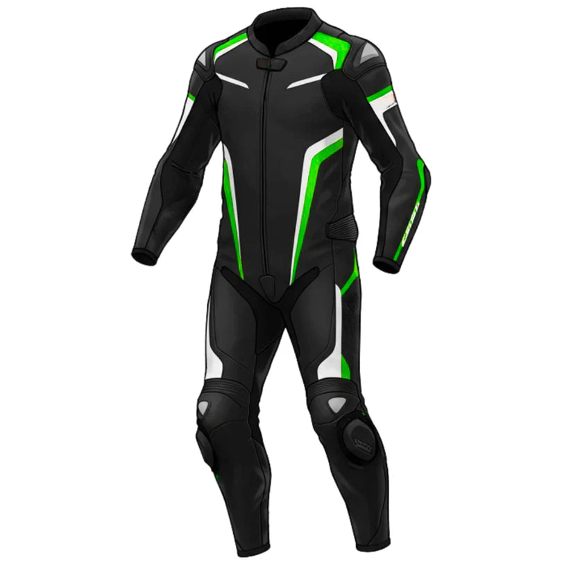 Top-Grain Leather Motorcycle Race Suit – Black & Green