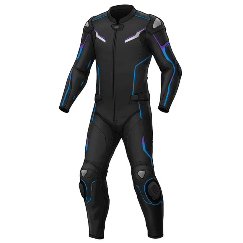 Black motorcycle suit with blue accents on a white background