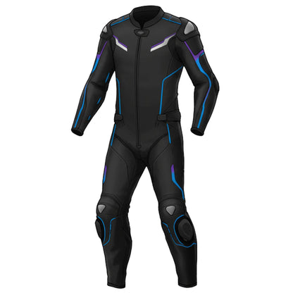 Black motorcycle suit with blue accents on a white background