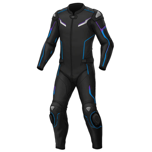 Black motorcycle suit with blue accents on a white background