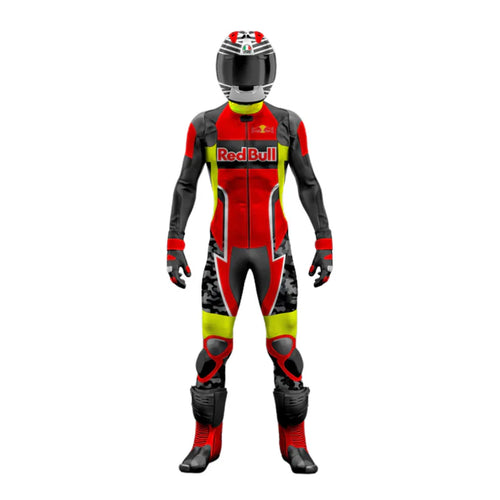 Motor racing suit with Red Bull logo on a white background