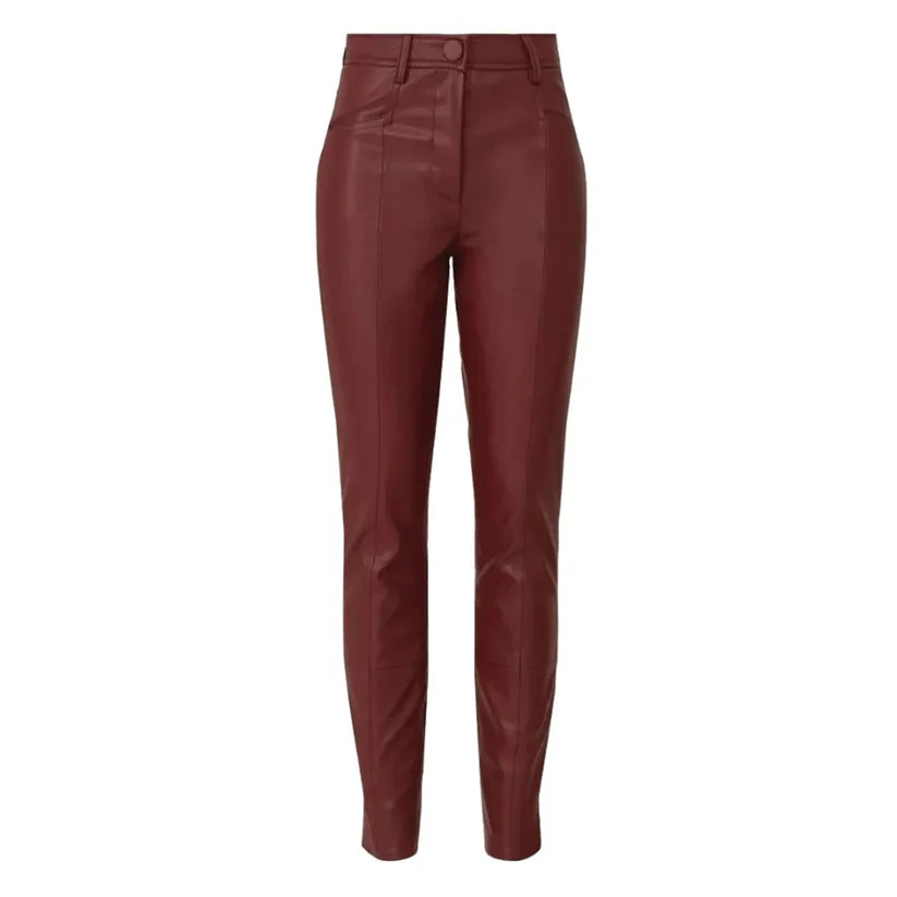 Maroon leather pants on a white background