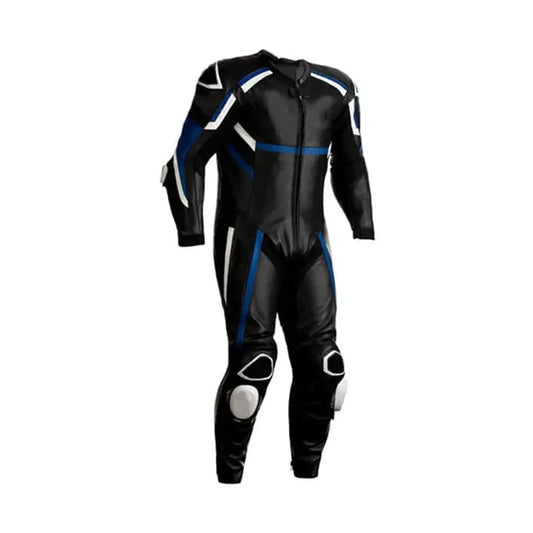 Men Black White and Blue Line Motorcycle Race Suit