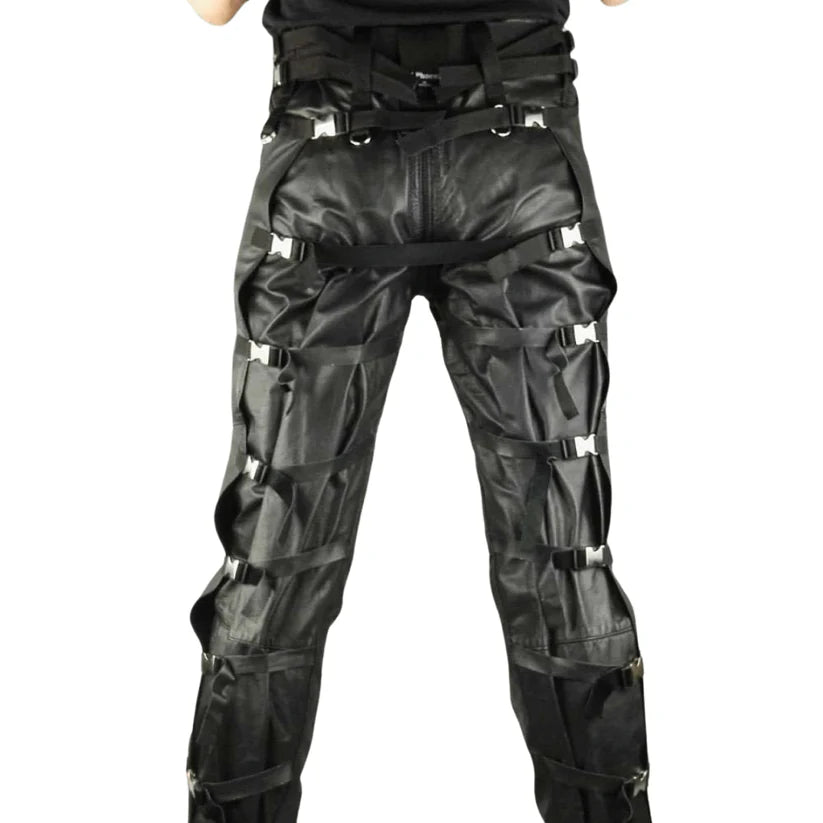 Black tactical pants with multiple pockets and straps on a white background