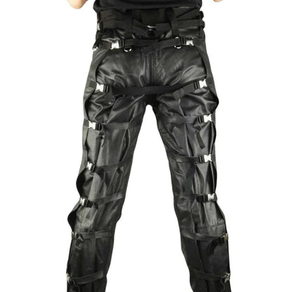 Black tactical pants with multiple pockets and straps on a white background