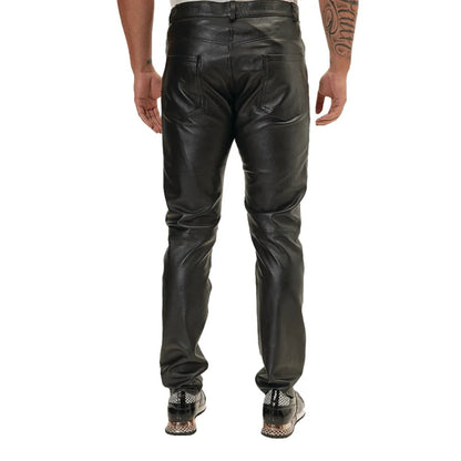 Black leather pants worn by a person on a white background