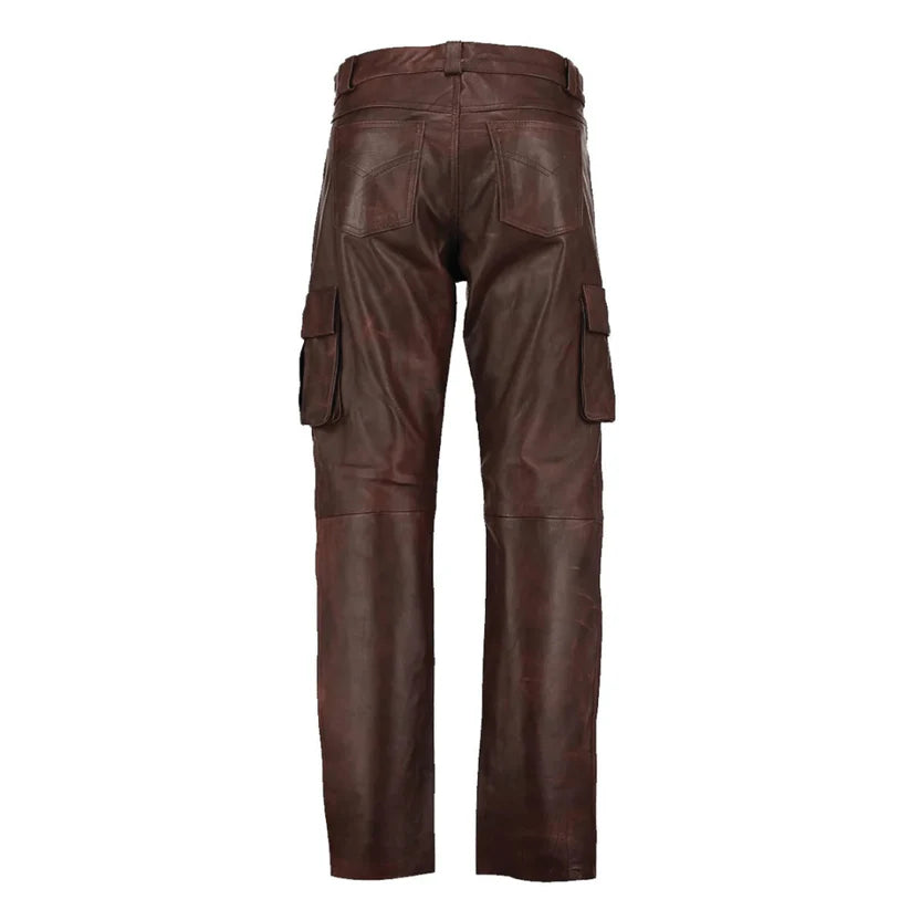 Brown leather cargo pants on a white background