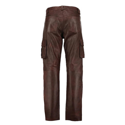 Brown leather cargo pants on a white background