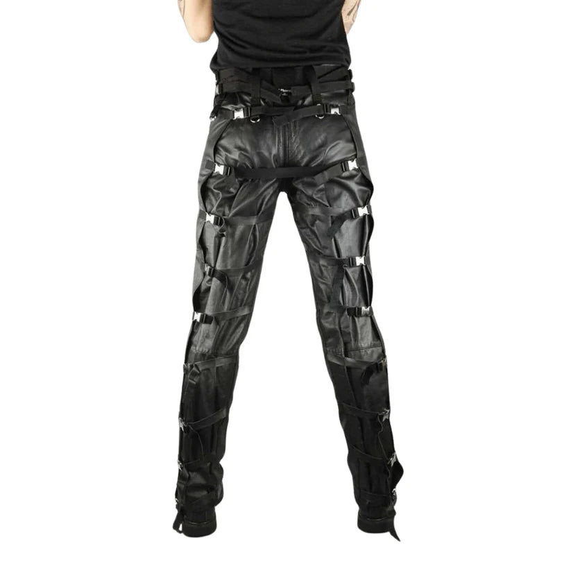 Black leather pants with cut-out design on a white background