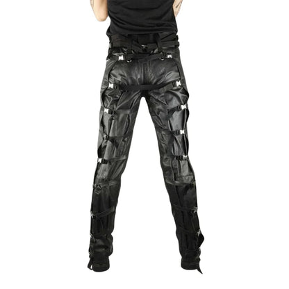 Black leather pants with cut-out design on a white background