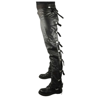 Black leather gaiters with buckles on a white background