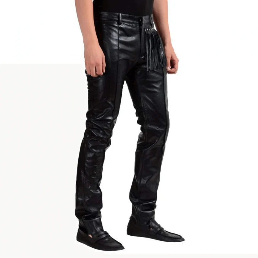 Black leather pants worn by a person on a white background