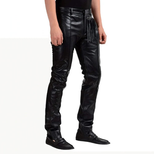 Black leather pants worn by a person on a white background