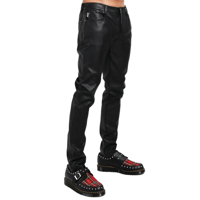 Black leather pants worn by a person on a white background