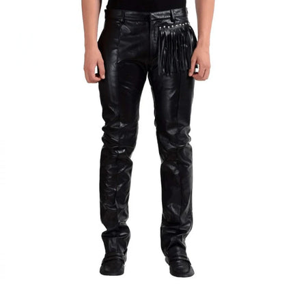 Black leather pants with fringe details on a white background