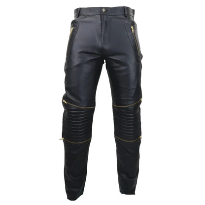 Black leather pants with gold stitching on a white background
