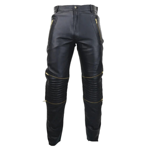 Black leather pants with gold stitching on a white background