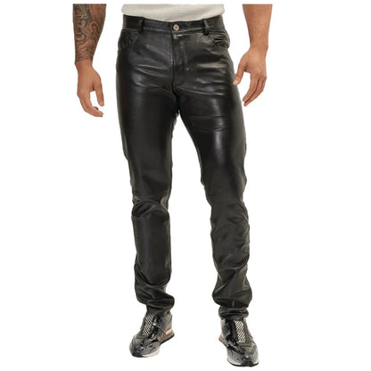 Black leather pants worn by a person on a white background