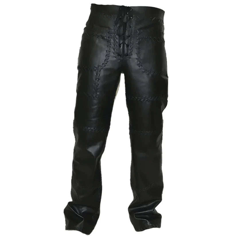 Black leather pants with intricate stitching on a white background