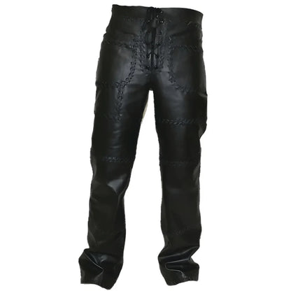 Black leather pants with intricate stitching on a white background