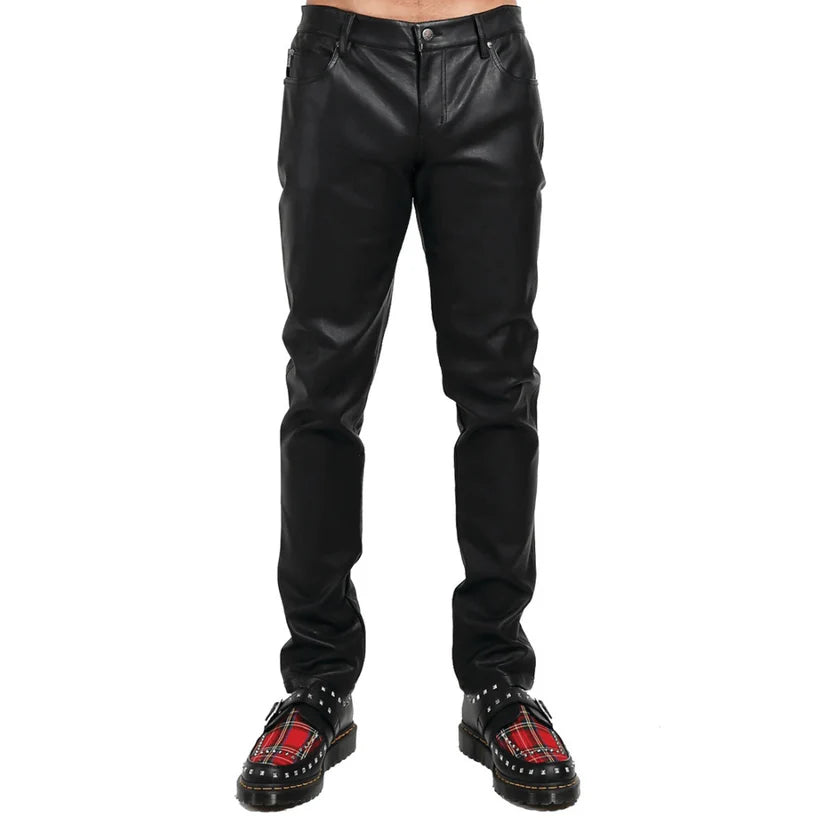 Black leather pants worn by a person on a white background
