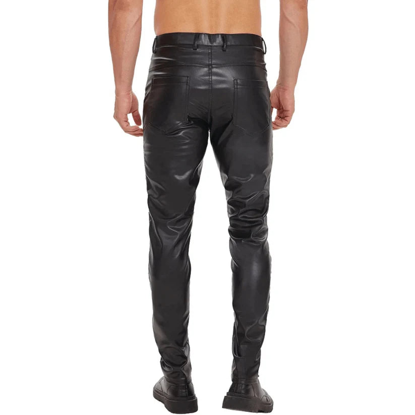 Black leather pants worn by a person on a white background