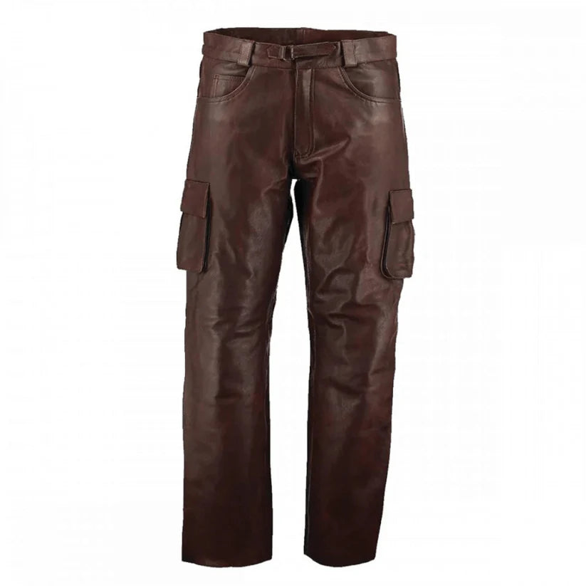 Brown leather cargo pants on a white background