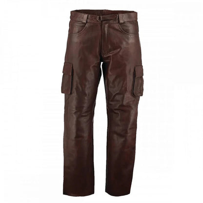 Brown leather cargo pants on a white background