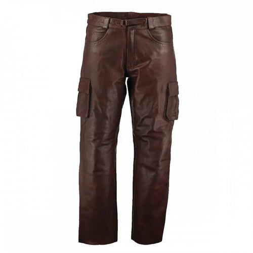 Brown leather cargo pants on a white background