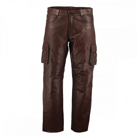 Brown leather cargo pants on a white background
