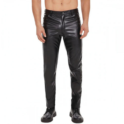 Person wearing shiny black pants on a white background