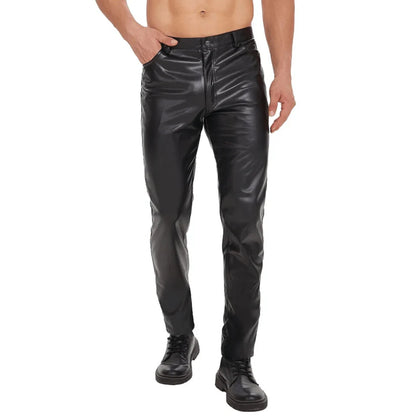 Person wearing shiny black pants on a white background