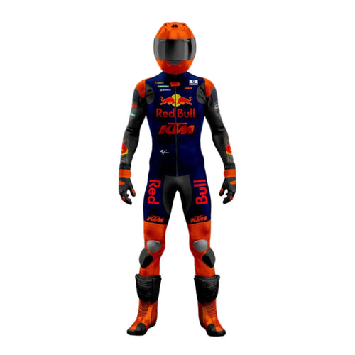 Motorcycle racing suit with Red Bull and KTM branding on a white background